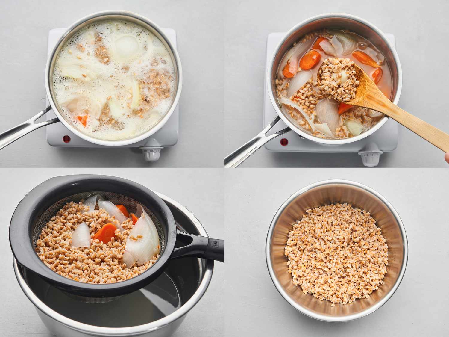 Farro, water, onion, garlic, carrot, and 2 teaspoons of salt being brought to a boil inside medium saucepan over medium-high heat