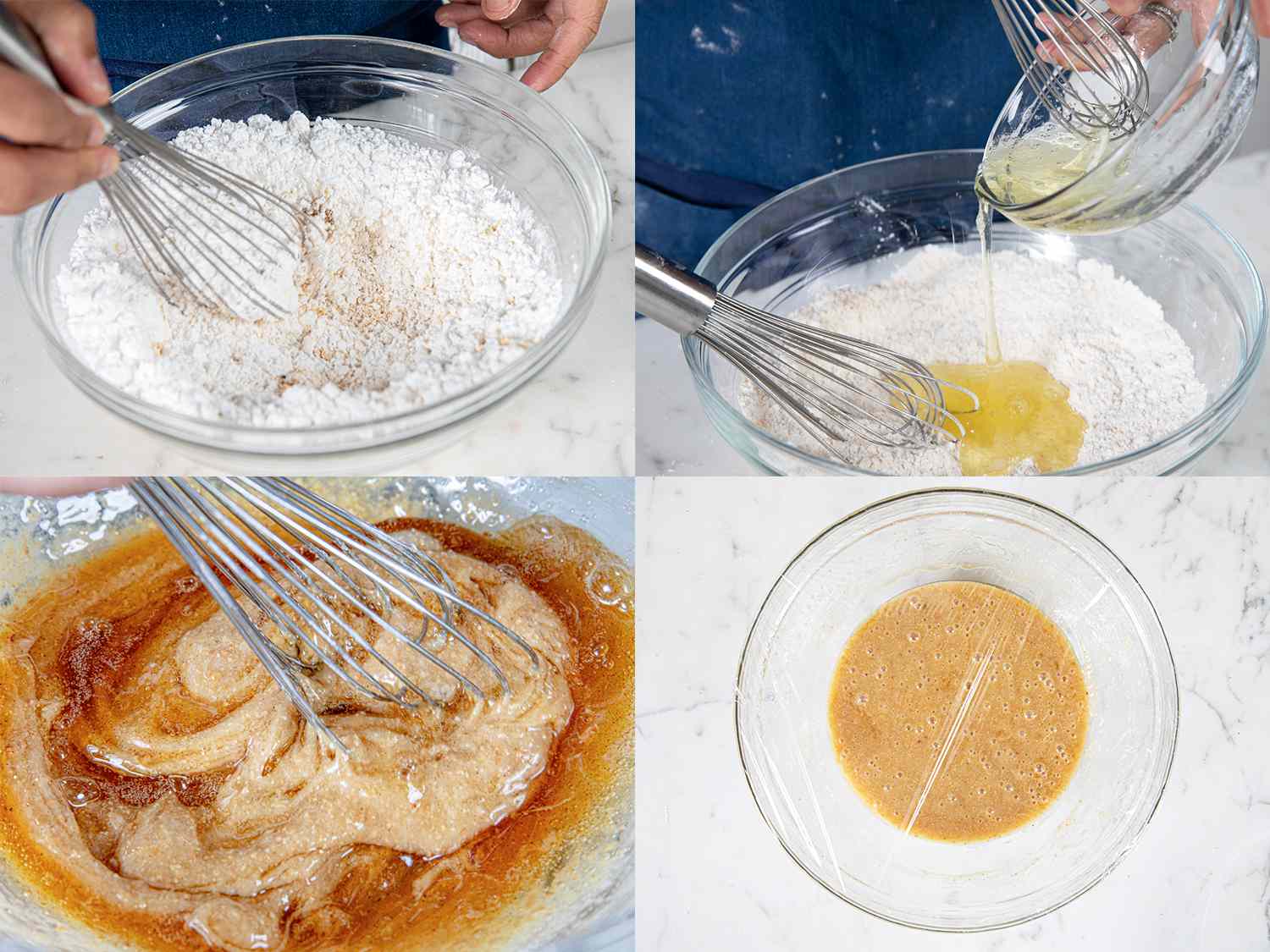 Four Image collage. Top Left: Dry ingredients being whisked together in a bowl. Top Right: Egg whites being added to mixed dry ingredients. Bottom Left: Whisking browned sugar into batter. Bottom Right: Batter in a glass bowl covered with plastic wrap