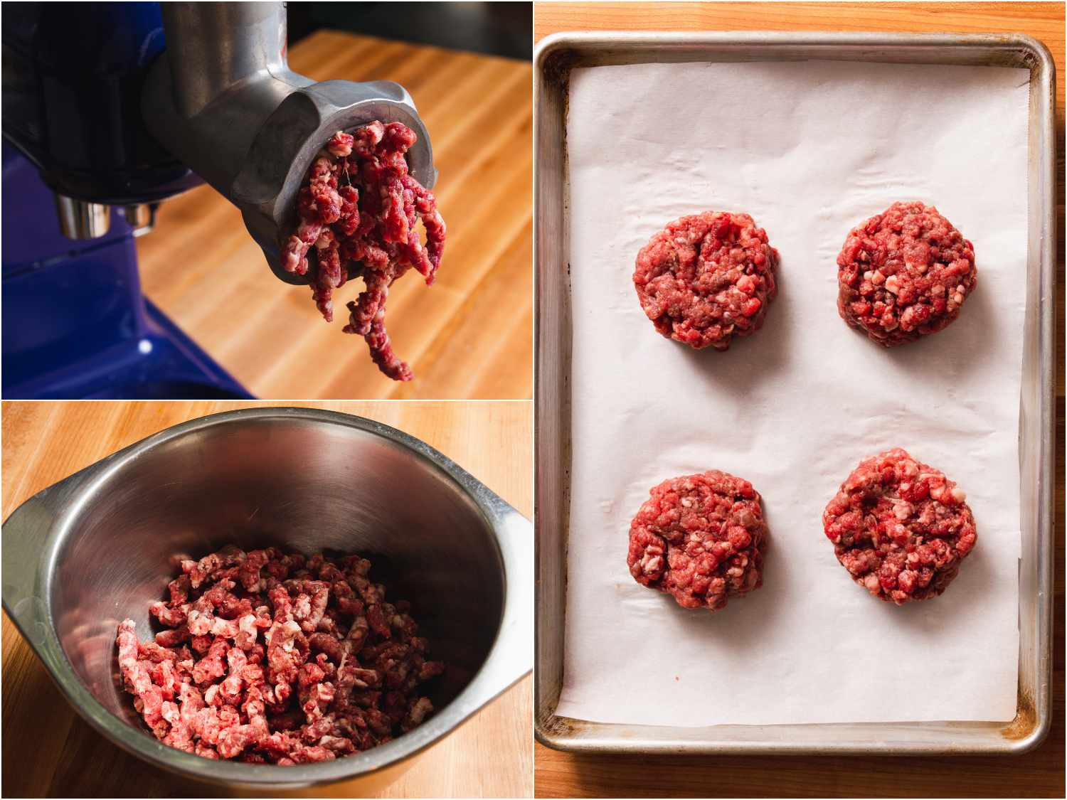 A collage: grinding beef; ground beef in a mixing bowl; beef formed into patties