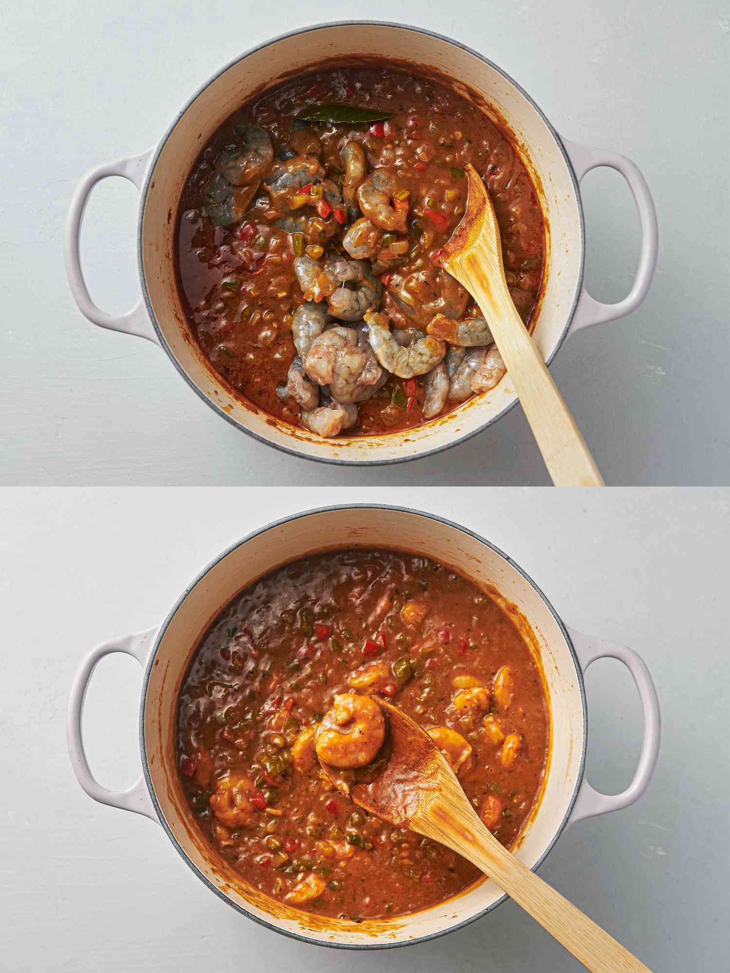 Shrimp cooked through in Ã©toufÃ©Ã© inside Dutch oven