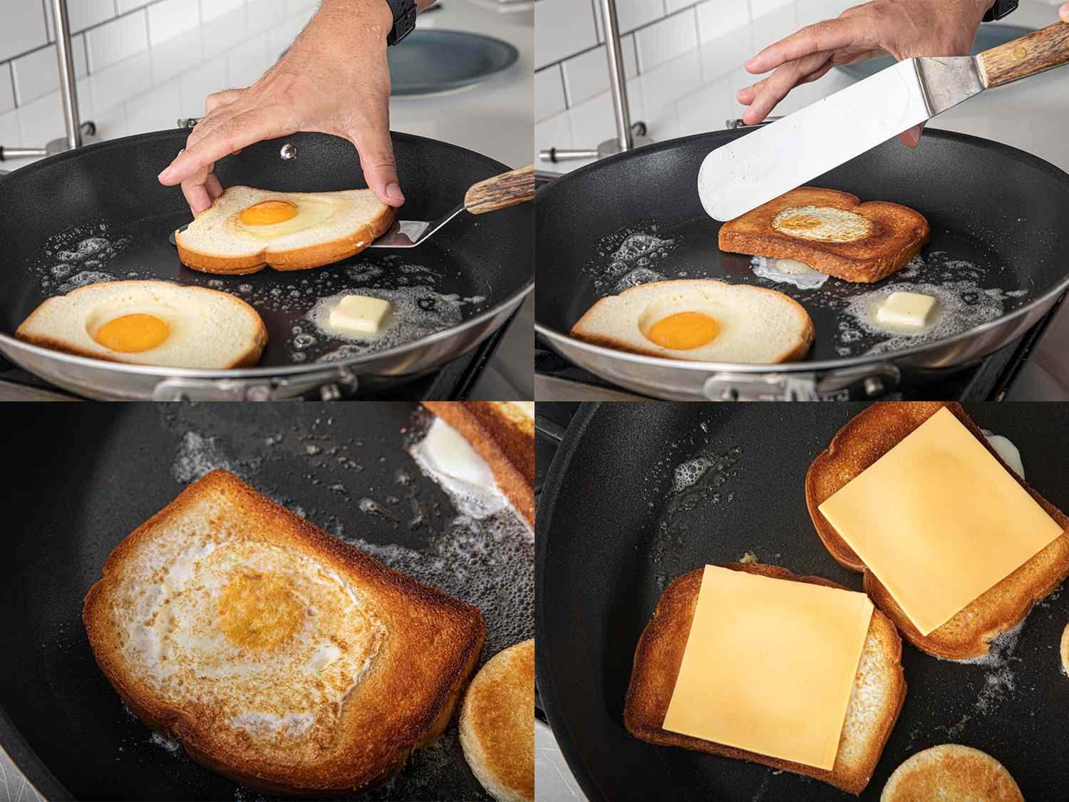 四个图像拼贴。上面一行:两个照片e piece of bread with a semi-cooked egg in the middle being flipped in the pan. Bottom Left: Golden brown toast with fried egg in center in pan. Bottom Right: A piece of cheese added to each egg-in-bread toast in pan.