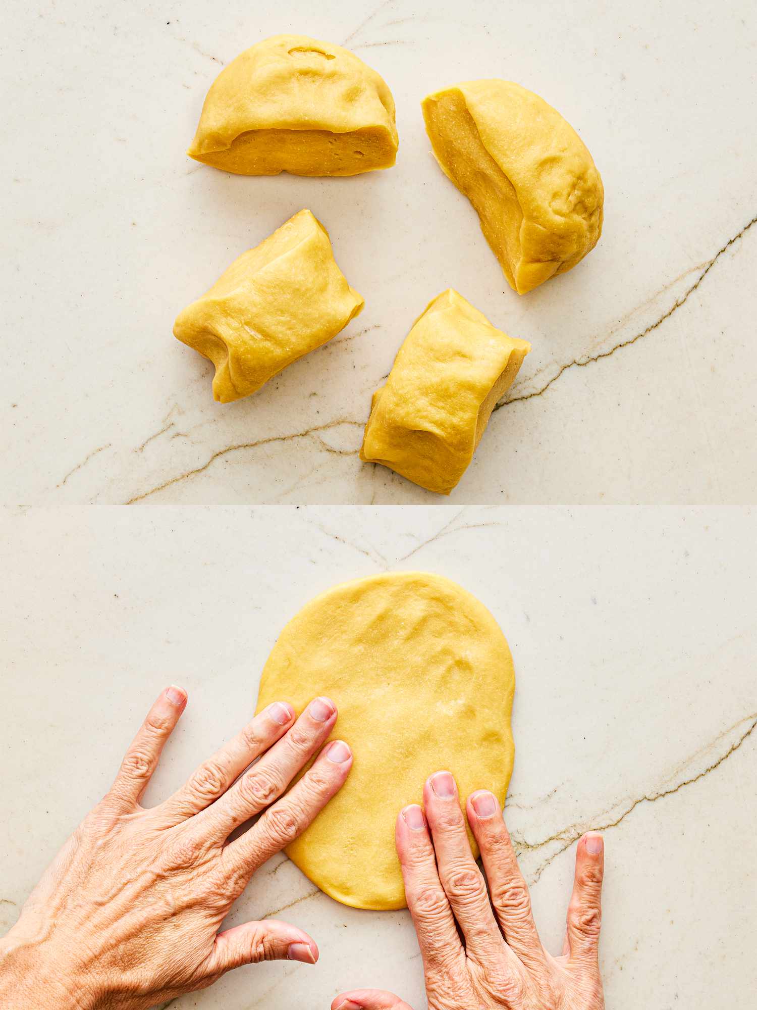 Two image collage of dough cut into pieces and rolled into a circle