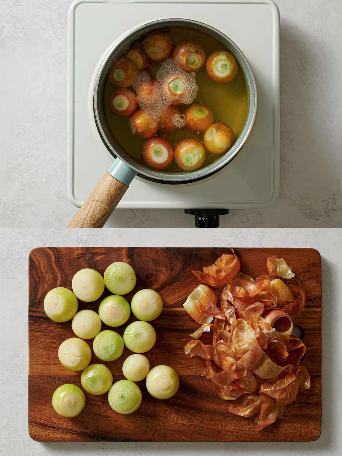 A two-image collage. The top image shows the onions being cooked inside of a small saucepan. The bottom image shows the peeled onions on the lefthand side of a cutting board. The righthand side of the cutting board is covered with the onion peels.