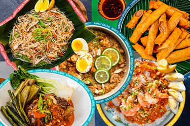 Photo Illustration of 5 Filipino dishes, overlapping and encircled by a colored ring with the dishes name on it