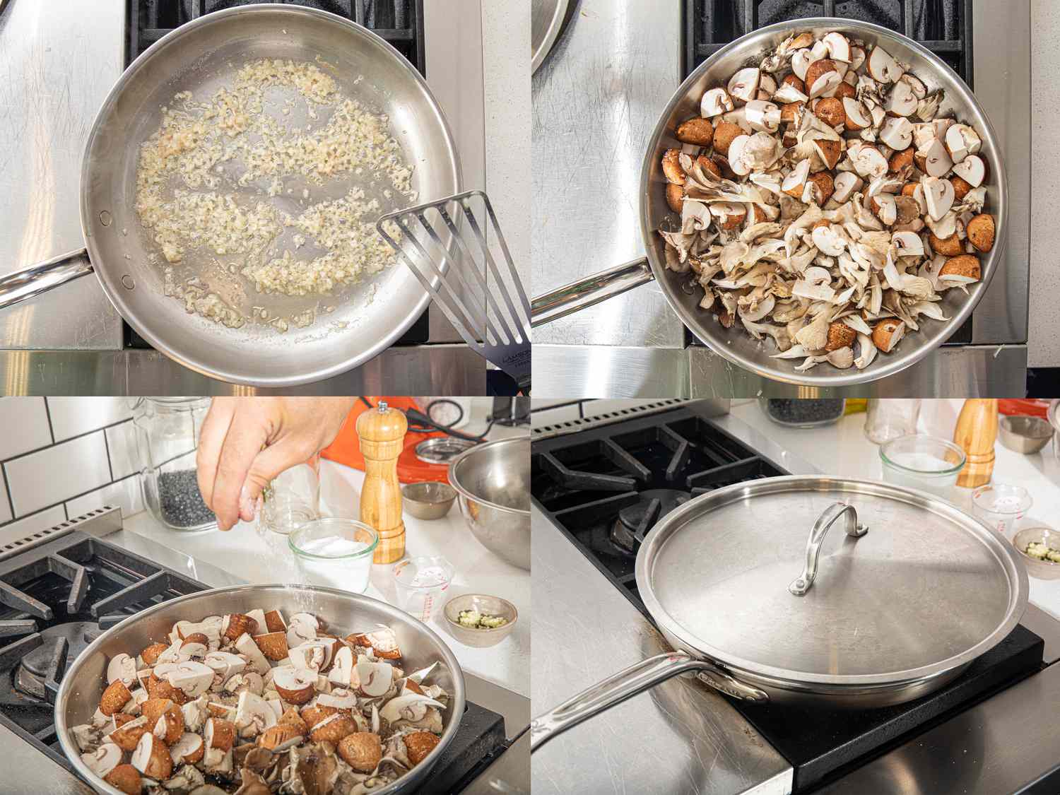 Four image collage of cooking garlic, adding mushrooms, adding salt and covering the pan