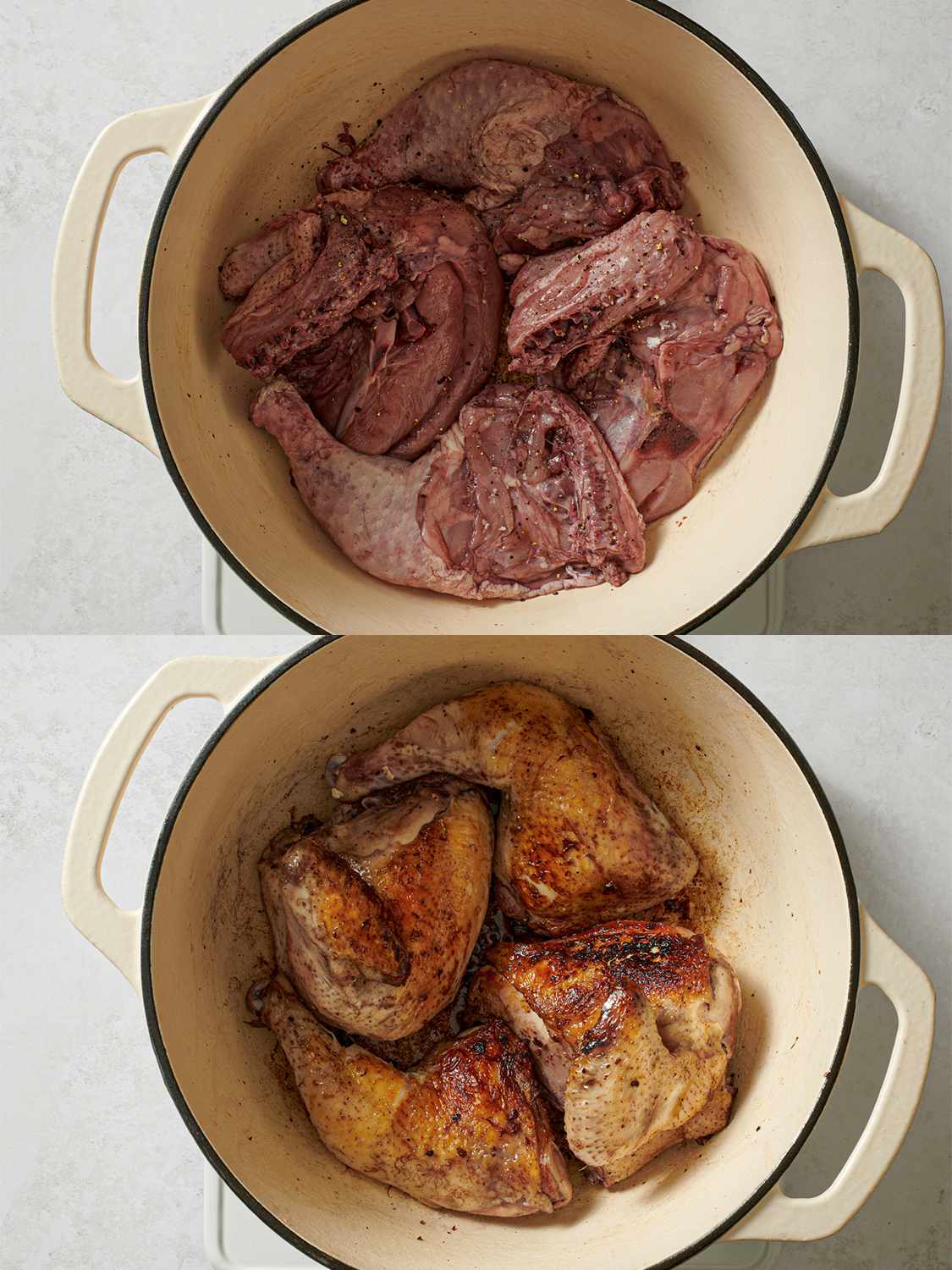 A two-image collage. The top image shows the seasoned, marinated chicken, skin-side down inside of the Dutch oven holding the rendered bacon fat. The bottom image shows the browned chicken, skin-side up inside of the Dutch oven.