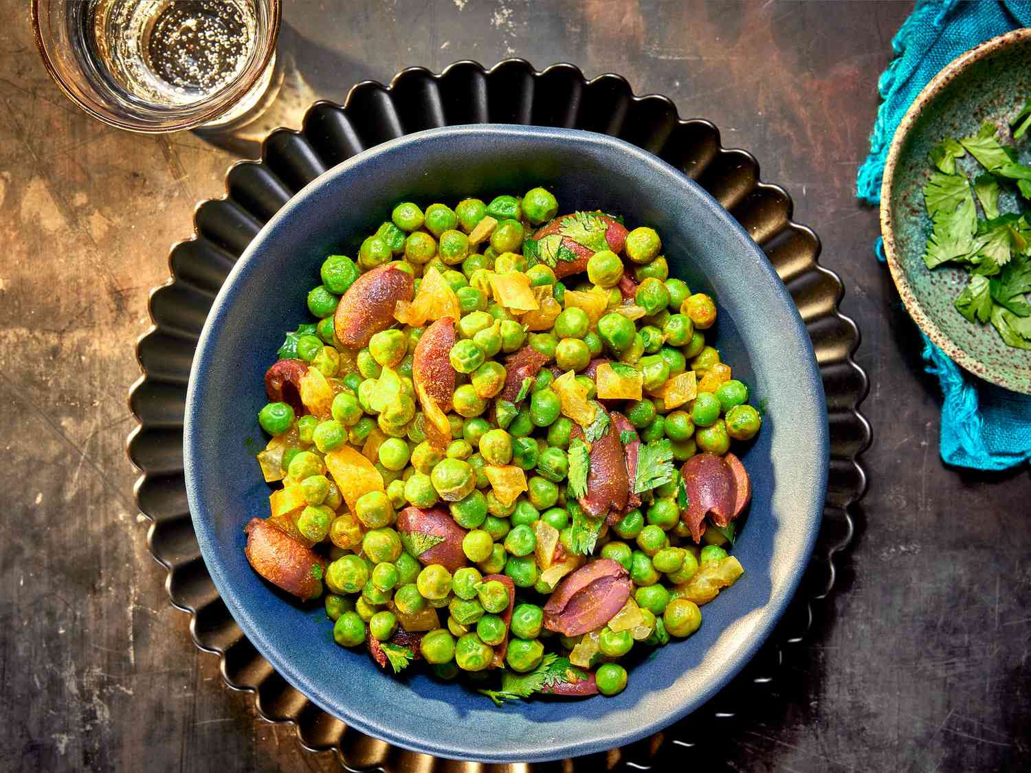 Overhead view of preserved lemon and pea salad