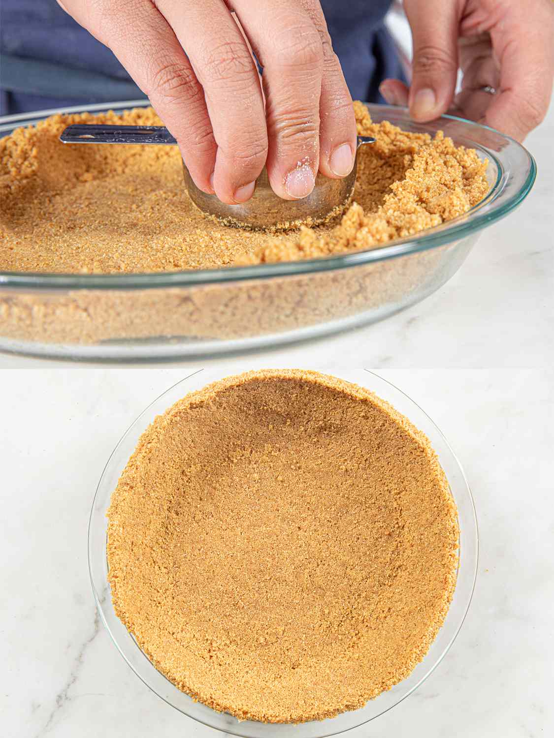 Two Image Collage. Top: A hand using the flat bottom of a measuring cup to press crust mixture flat. Bottom: Formed pie crust