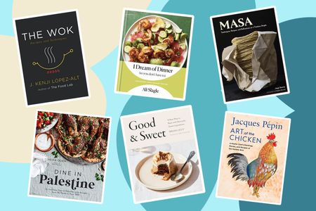 six cookbook covers against a colorful background