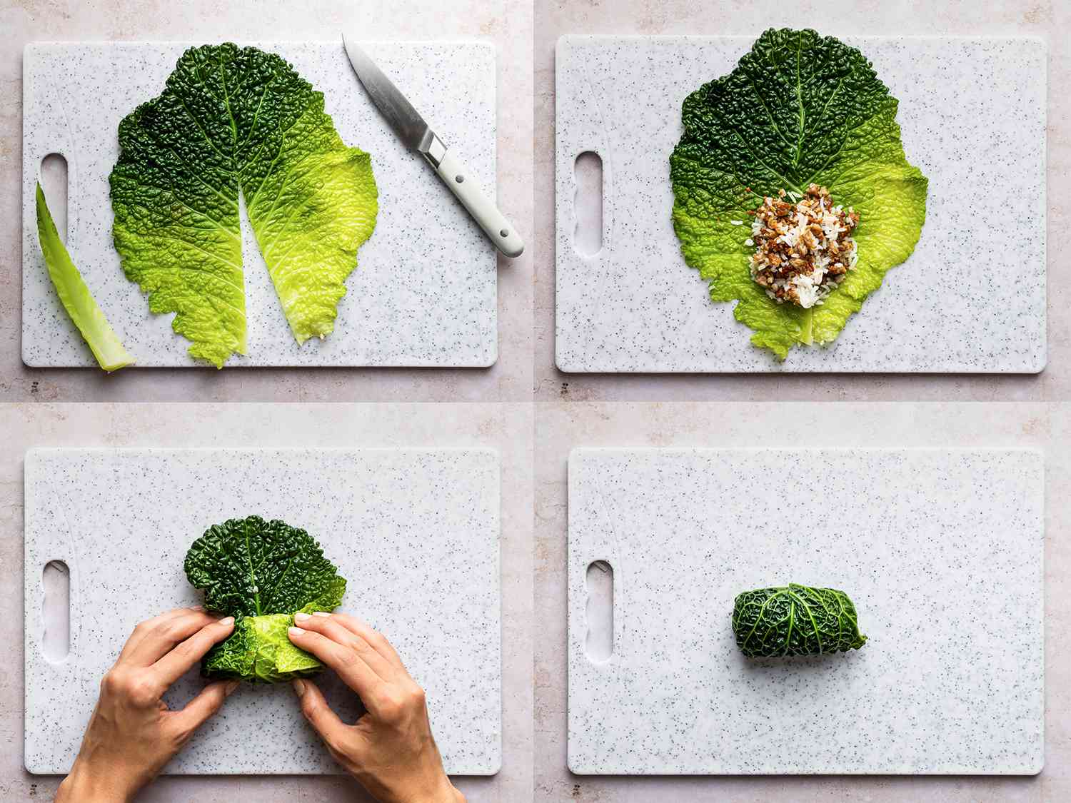 4个成像拼贴显示process for wrapping one of the cabbage rolls. The top left image shows the tough center rib cut out from a cabbage leaf. The top right image shows the cabbage leaf filled with about â cup of bratwurst filling. The bottom left image shows two hands rolling up the cabbage leaf with stuffing like a burrito. The bottom right image shows the formed cabbage roll in the center of a cutting board.