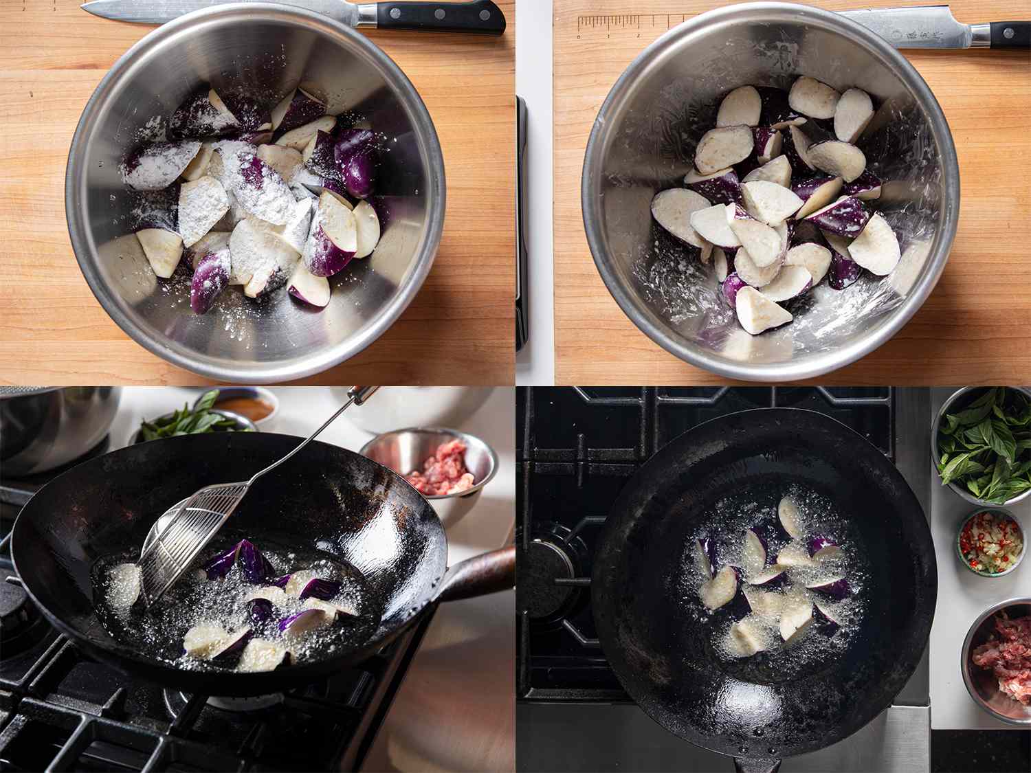 Four Image Collage: Eggplant mixture in a bow unmixed, eggplant coated in mixture in a bowl, eggplant being scooped out of oil in a wok with a spider, overhead view of eggplant frying in a wok.