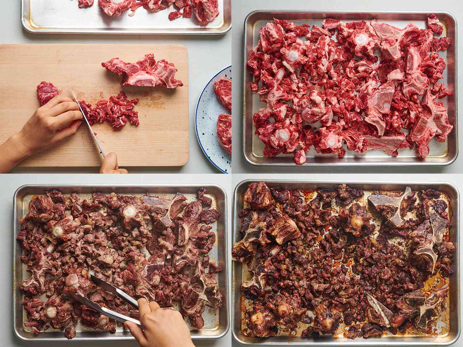 A four-image collage. The top left image shows large pieces of meat from beef neck bones and oxtails sliced into thin, Â¼-inch-wide strips on a wooden cutting board. The top right image shows the chopped meat and bones spread inside of a rimmed baking sheet. The bottom left image shows a pair of tongs stirring the meat and bones inside the baking sheet after 10 minutes of roasting. The bottom right image shows the meat and bones now fully browned after roasting for 45 minutes.