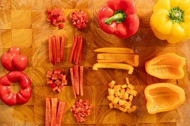 Overhead view of red and yellow bell peppers