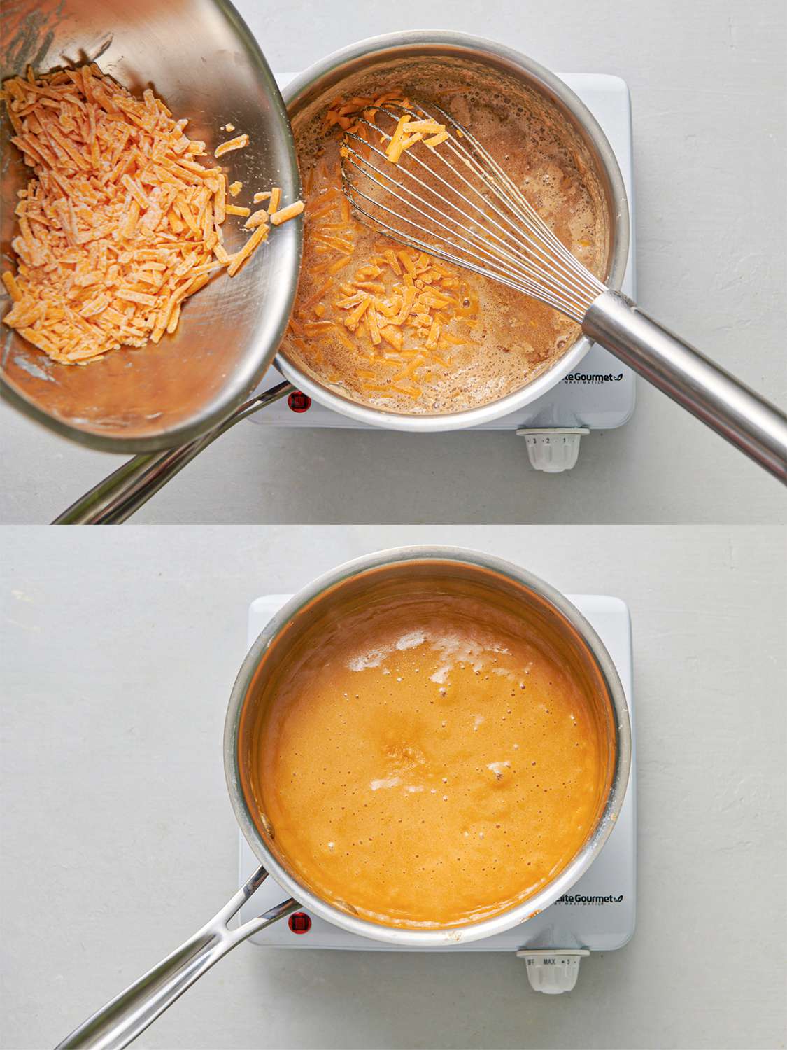 两个影像拼贴。上图显示了starch-coated cheese being poured from the metal mixing bowl into the saucepan holding the heated liquids. The bottom image shows the cheese now fully incorporated into the heated liquids.