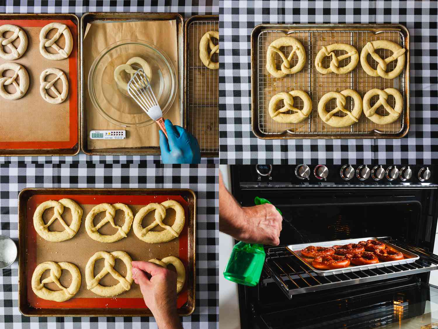 Four image collage of preparing preztels with Lye, salt and misting with water