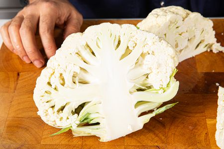 Overhead view of cauliflower cut in half