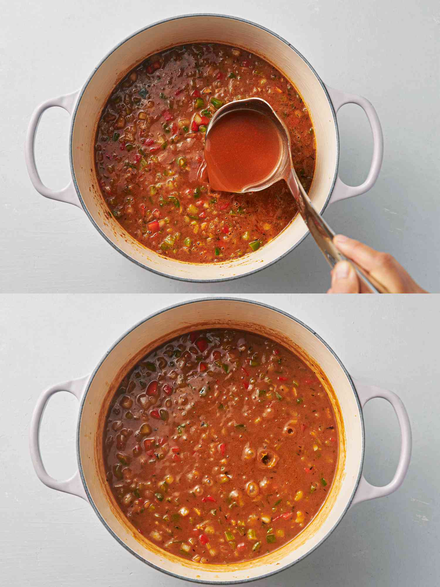 Shrimp stock added to vegetables inside Dutch oven, and thickened sauce inside Dutch oven