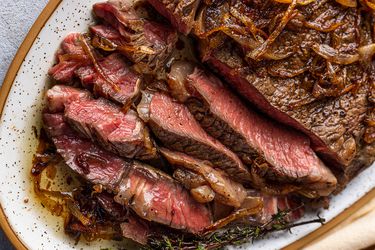 A close up shot of a sliced, pan-seared, butter-basted steak.