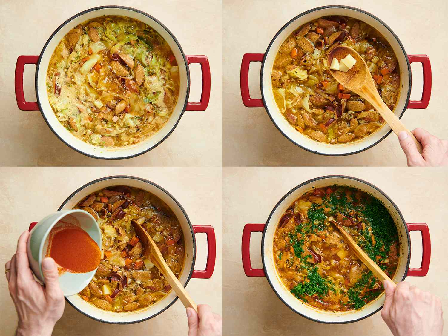 A four-image collage. The top left image shows the soup coming to a boil inside the Dutch oven over high heat. The top right image shows the soup reduced to a bare simmer inside the Dutch oven, showing off the tender potato. The bottom left image shows the slurry evenly distributed into the soup, which is being brought to a boil. The bottom right image shows chopped dill being stirred into the soup.