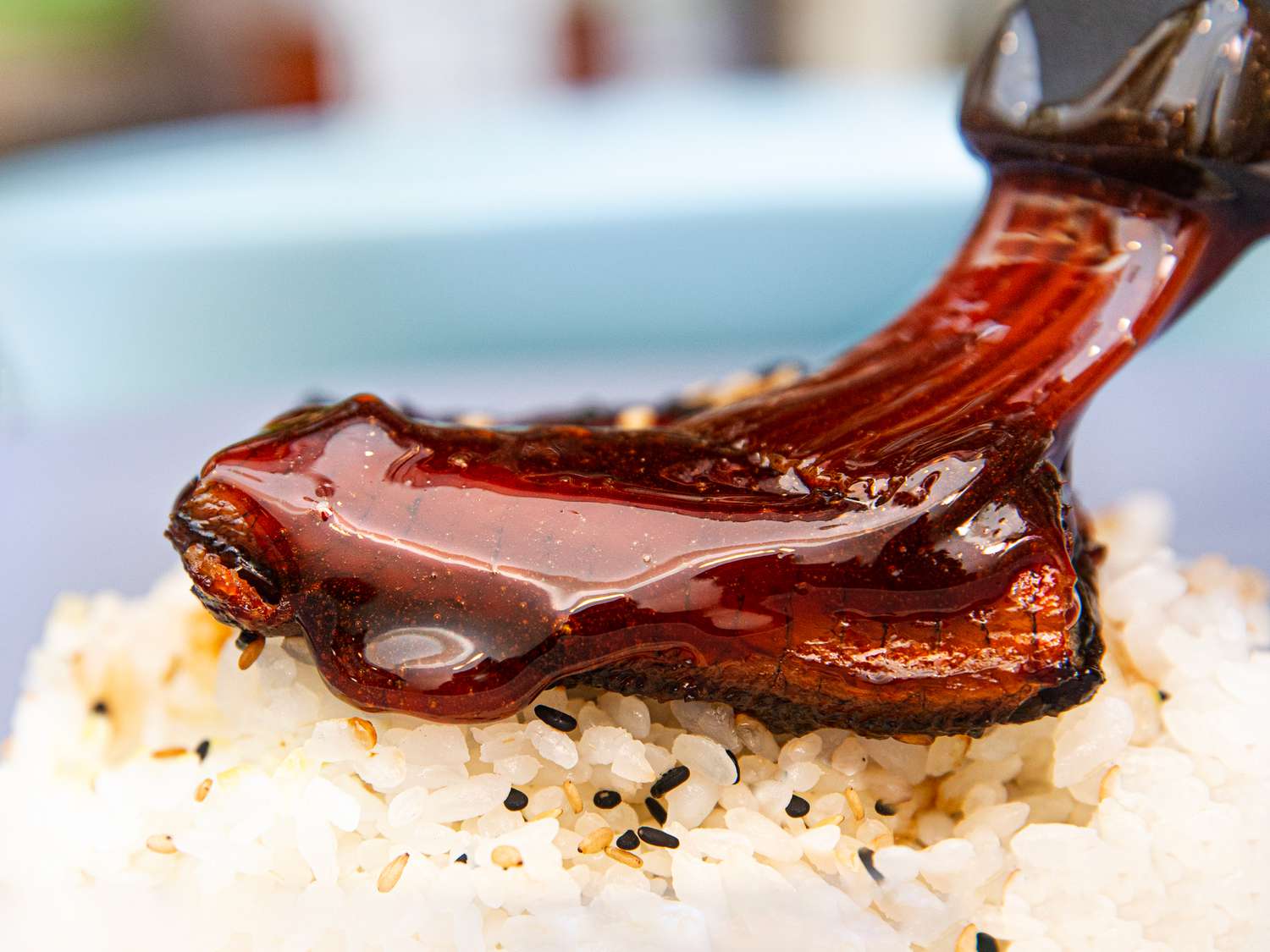 Side view of unagi sauce being brushed on eel