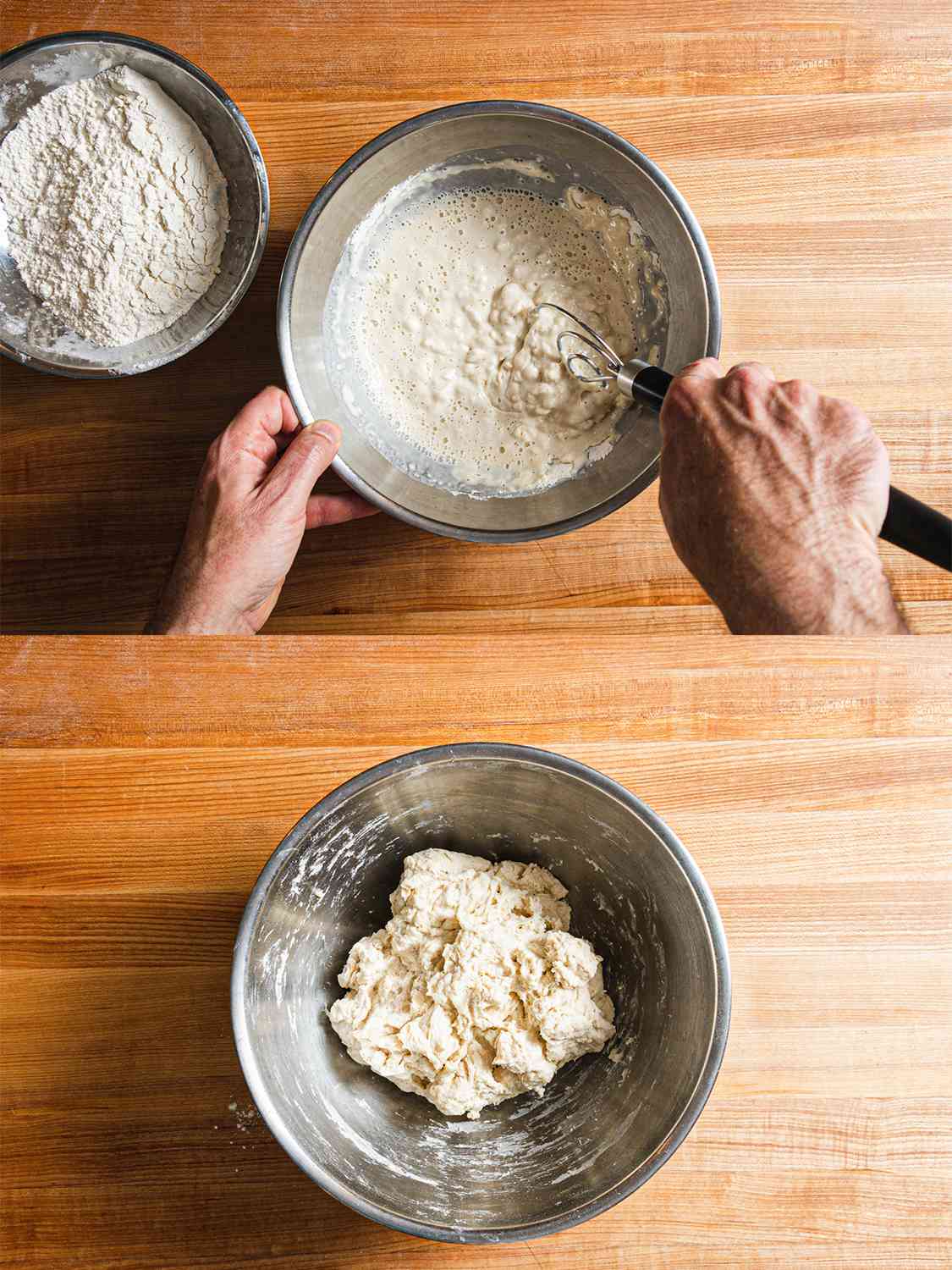 Two image collage of dry and wet ingredients in a metal bowl