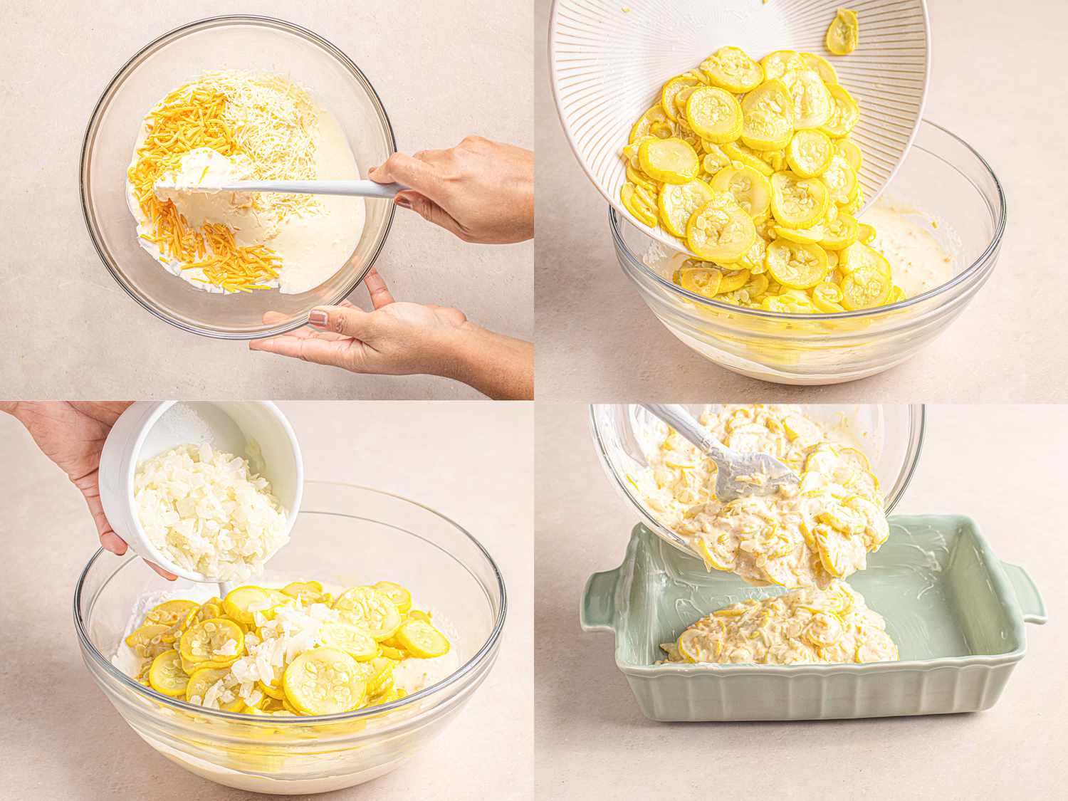 Yellow squash and cheese mixture combined in a glass bowl and transferred to a baking dish.