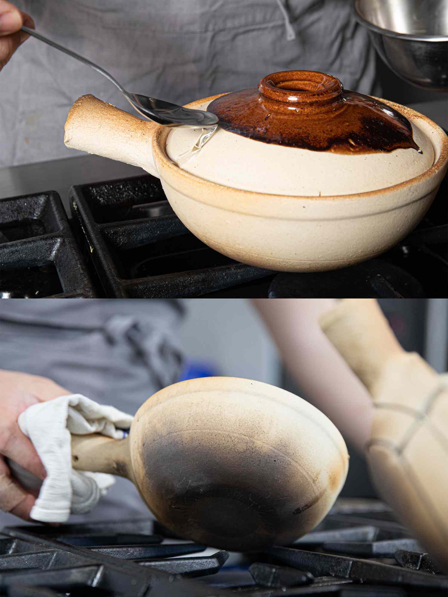 Oil being drizzled around the lid of a Cantonese clay pot.