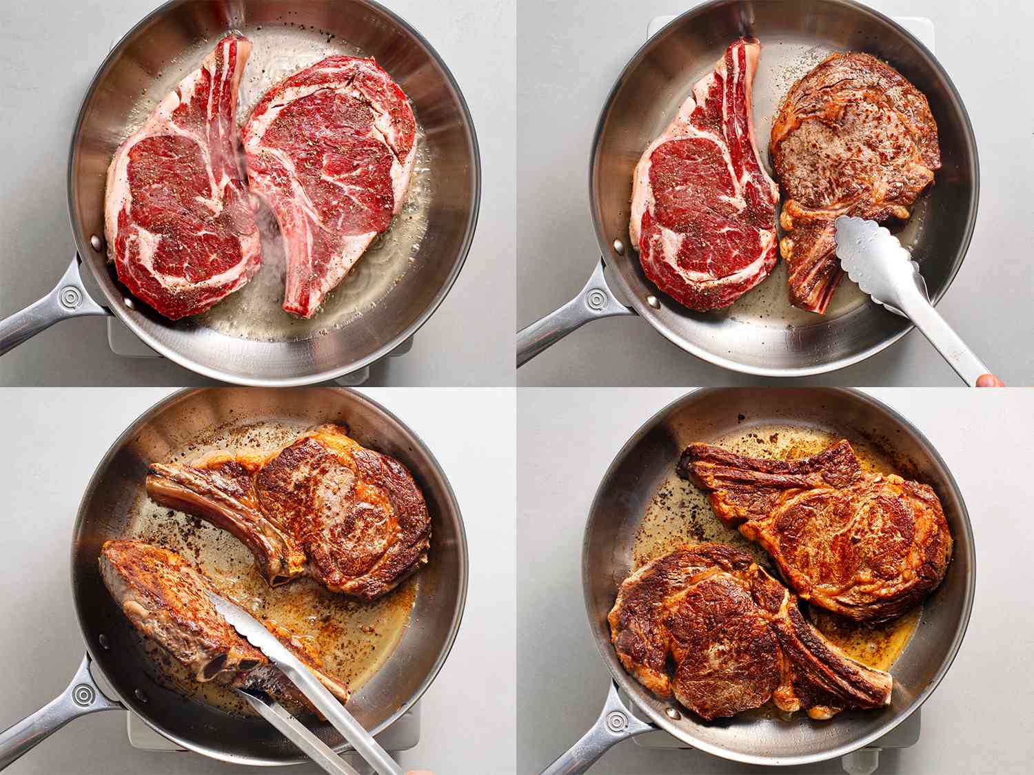 A four-image collage showing the bone-in ribeye steaks being seared in a stainless steel skillet.