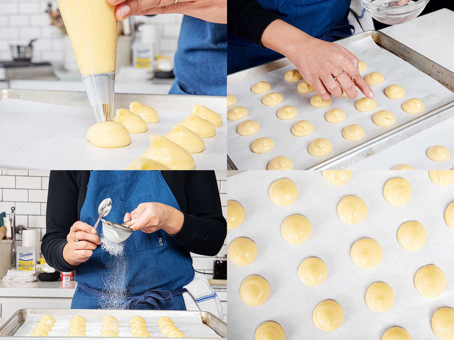 Four Image collage of piping puffs, tapping them down with a wet finger, dusting with powdered sugar, and finished puffs.