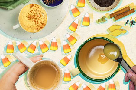 A collage of a pumpkin spice latte, chai, and candy corn