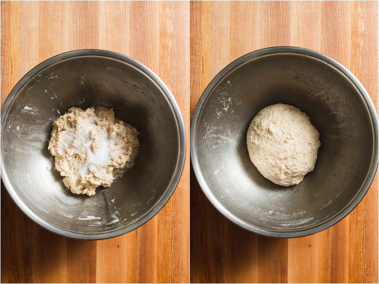 Salt added to dough and kneaded in the bowl until thoroughly incorporated.