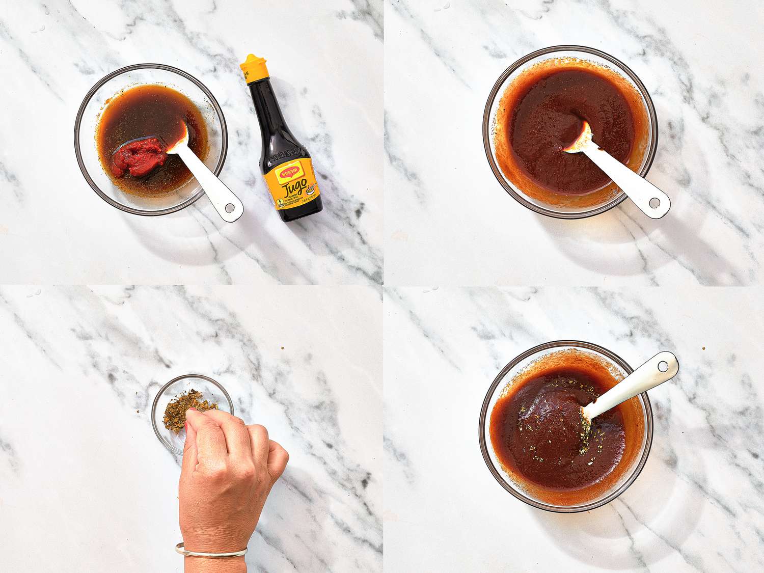 Four image collage showing the steps of mixing the wet ingredients for the salsa negra, crumbling the oregano with your fingers, and combining with a metal spoon