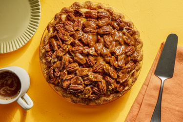 Overhead view of the apple carmael bourbon pecan pie