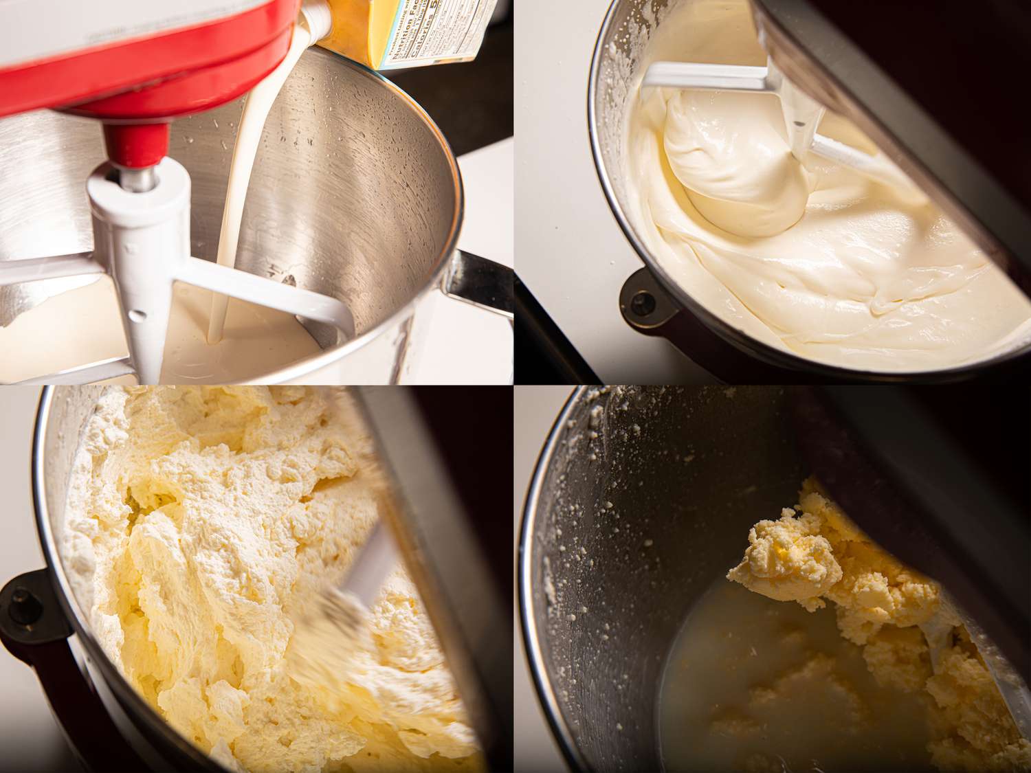 Four image collage of butter being made from cream in a stand mixer