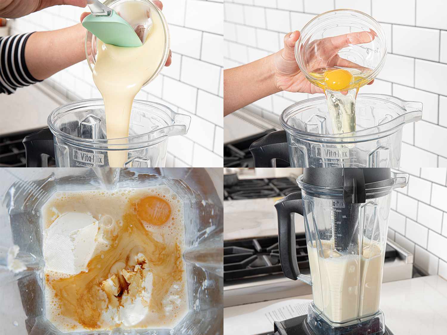 Four Image Collage of Ingredients being added to blender for pie filling and then blended