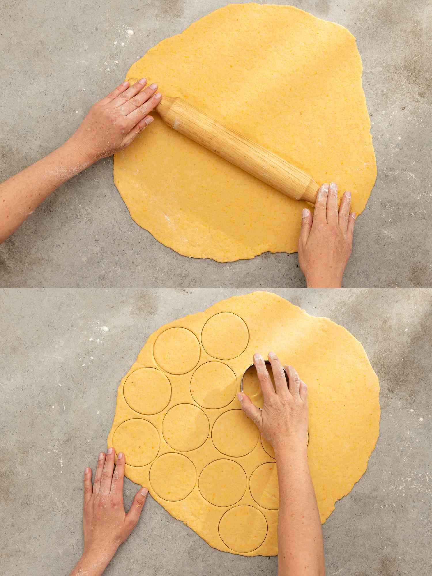 Two image collage of rolling out dough and cutting discs out