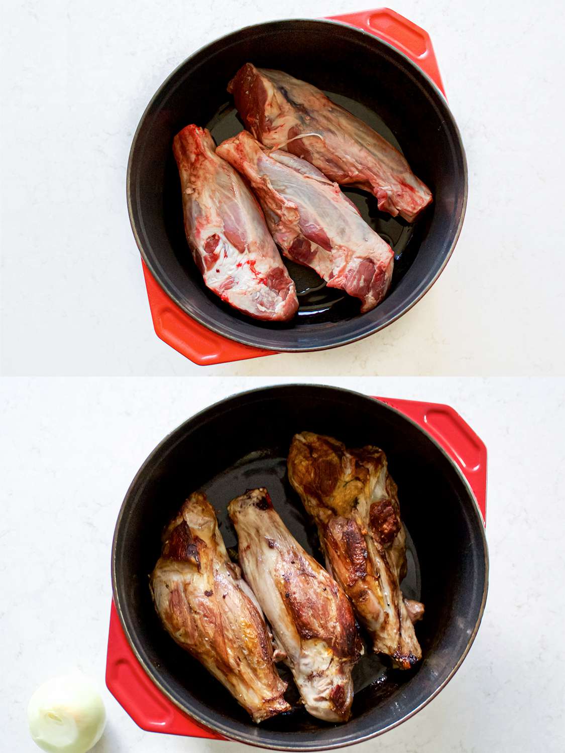 Two image collage of lamb before and after being cooked in a dutch oven