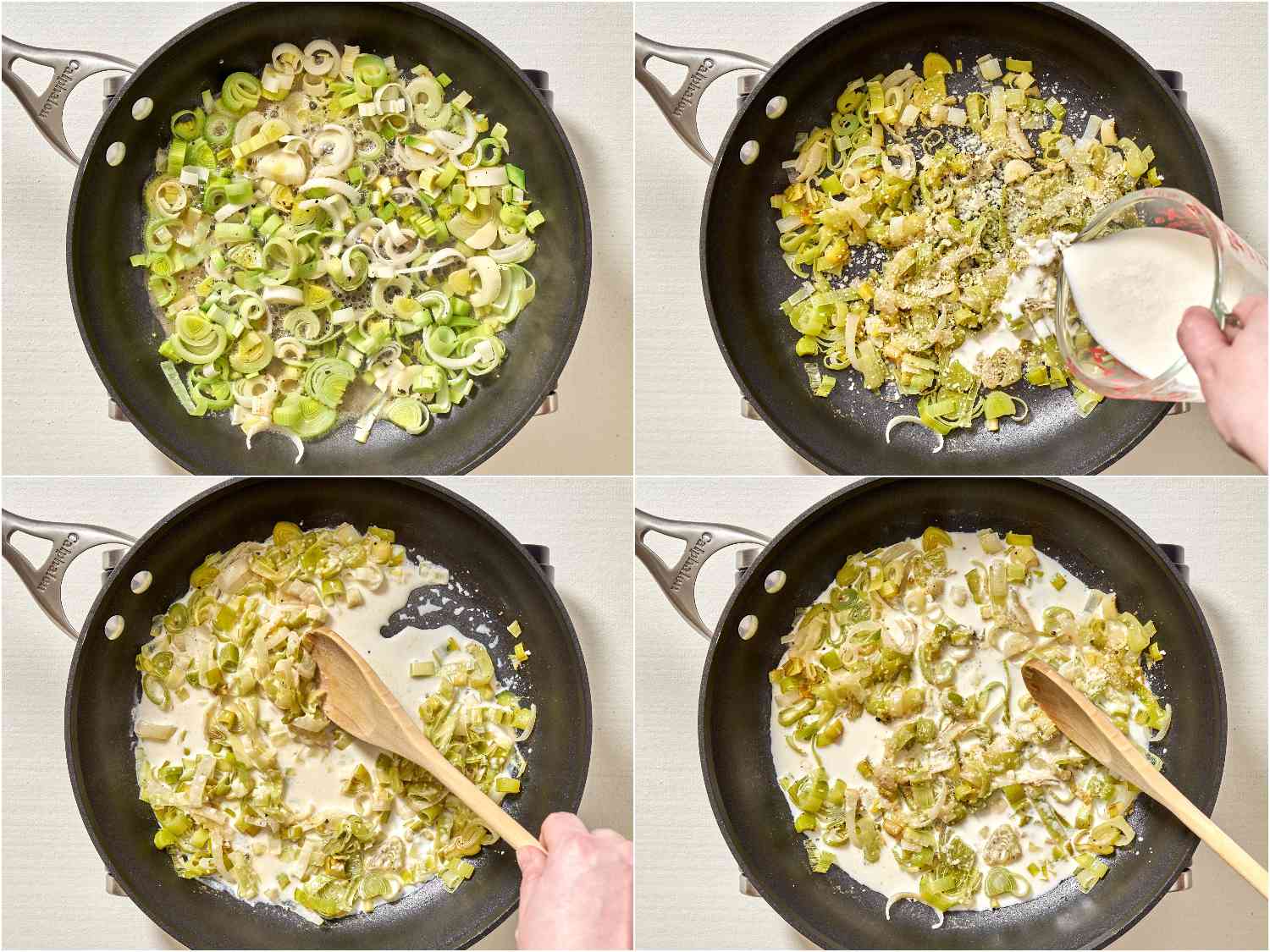 collage of process of making creamed leeks