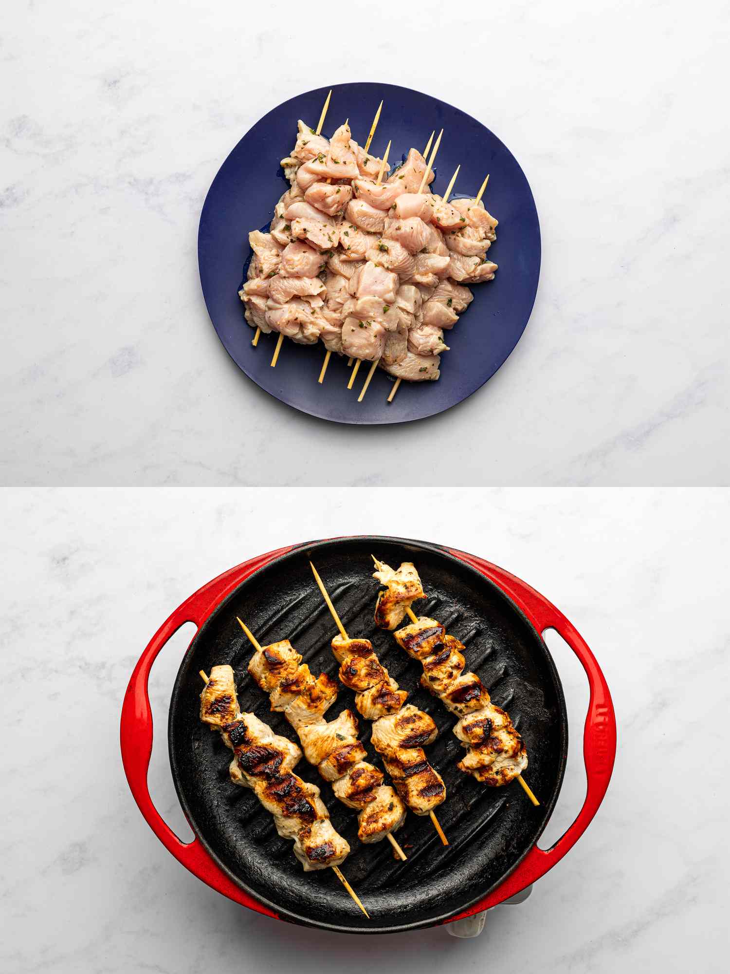 Chicken pieces skewered on a plate and browned and evenly cooked on all sides on grill pan