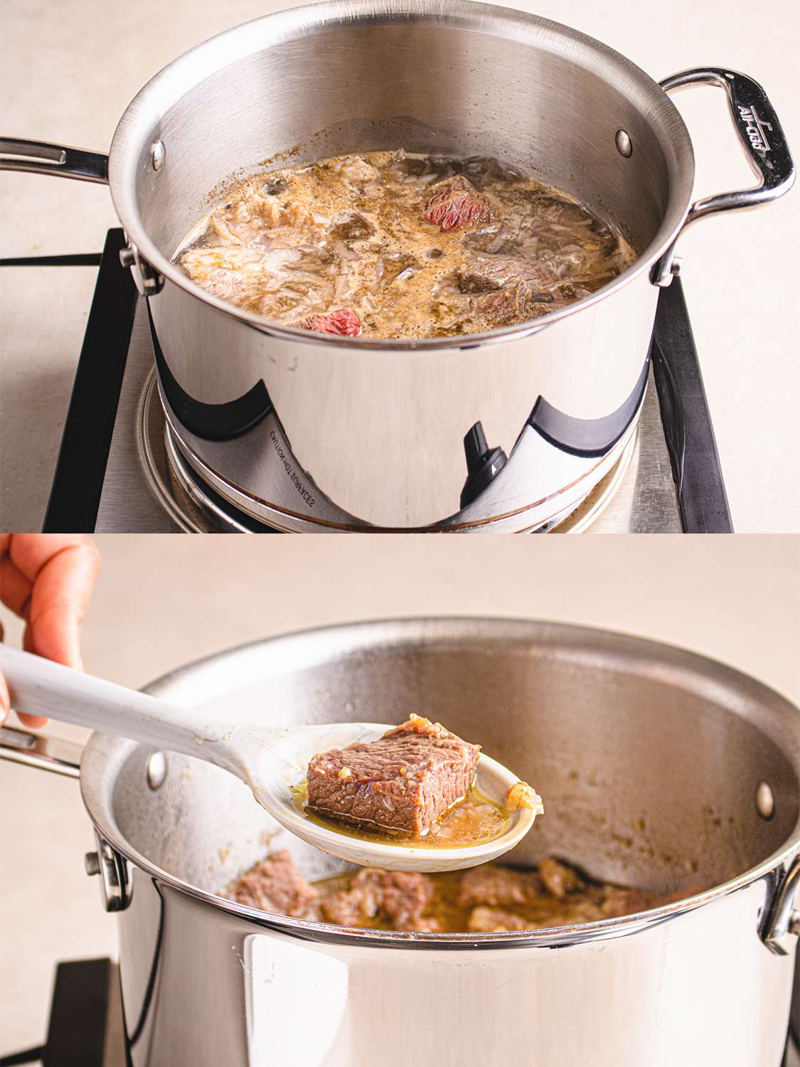 Two image collage of beef simmer in pot and lifting a spoon with meat up to show texture