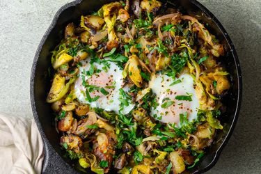 Crispy kale, brussels sprouts, and potato hash