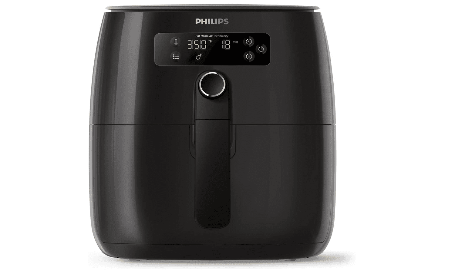 a black air fryer against a white background