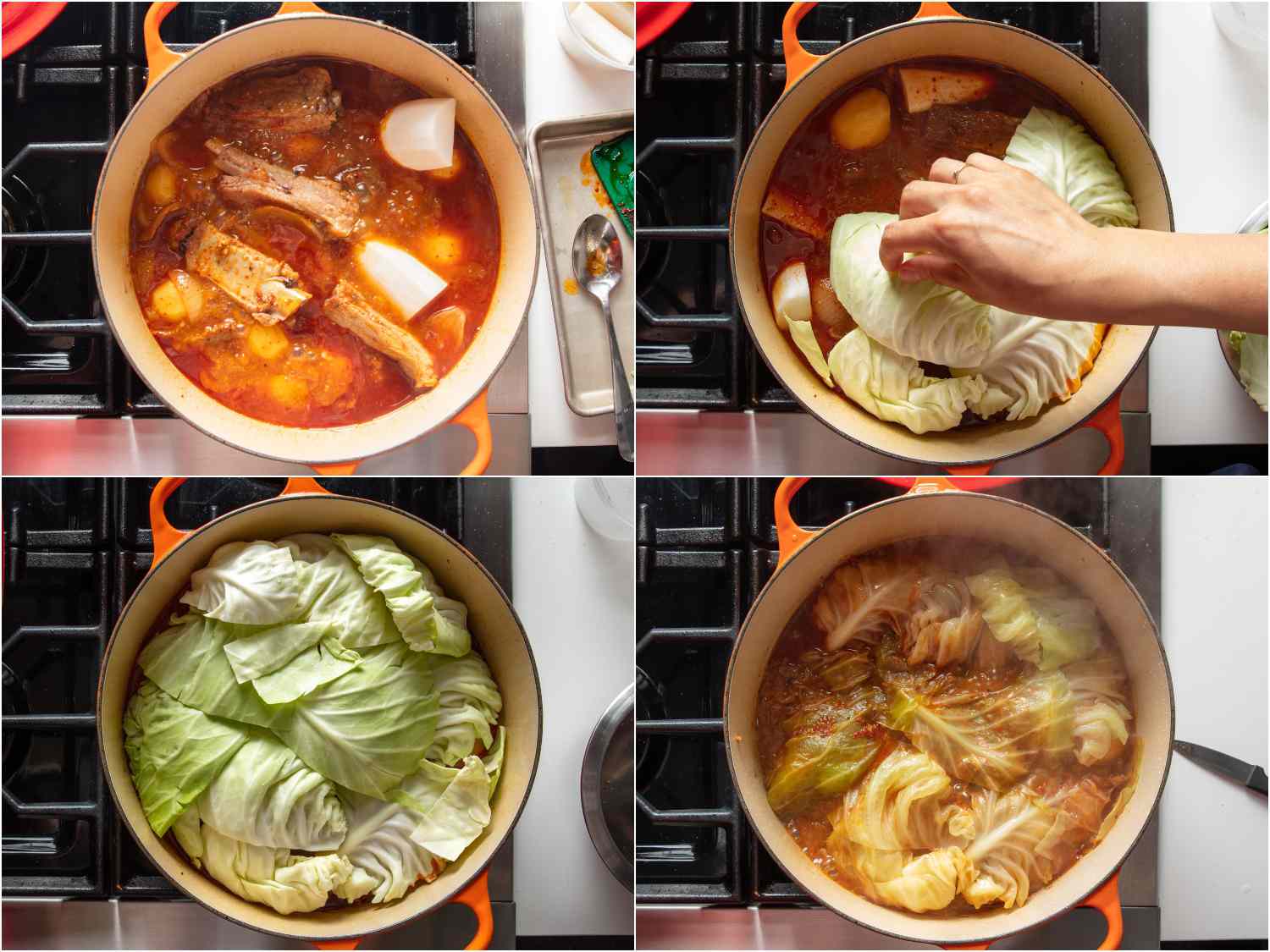 Adding green cabbage leaves to form a lid and simmering with stew