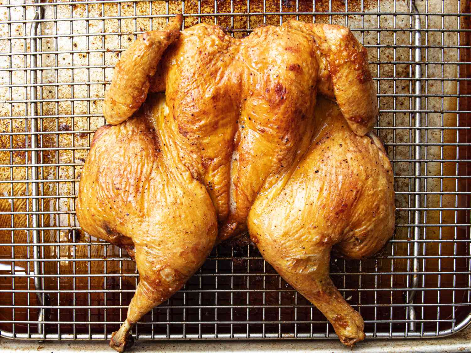 A roasted spatchcocked chicken on a wire drying rack