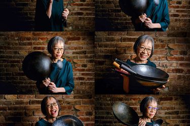 A 6 image collage of Grace Young striking various poses with a wok