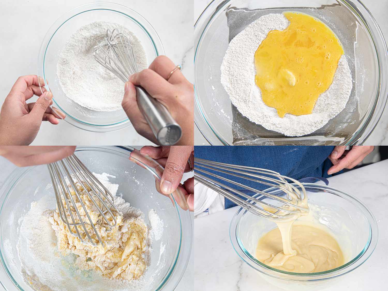 Overhead view of 4 image collage of mixing dry ingredients, adding egg, and whisking until a silky batter forms.