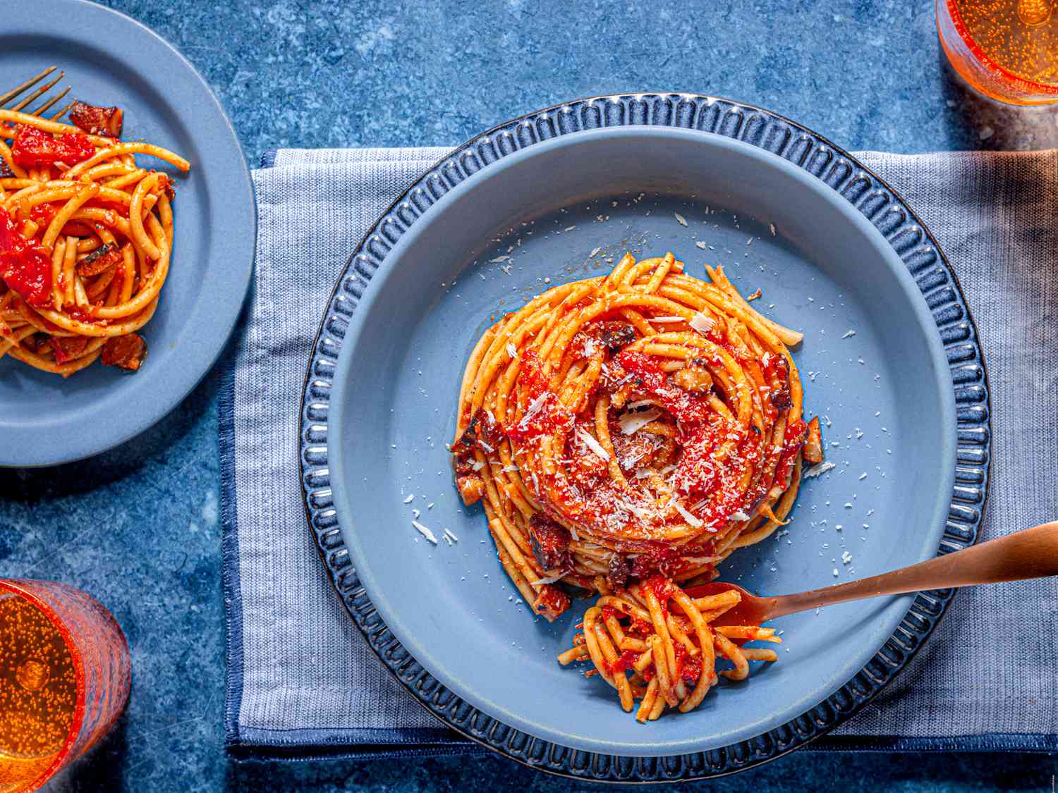 Overhead view of bucatini-all'Amatriciana