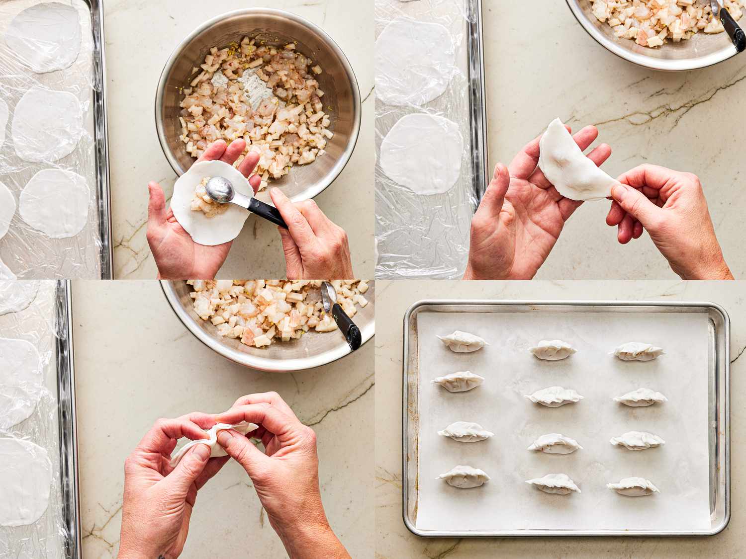 Four image collage of filling dumplings