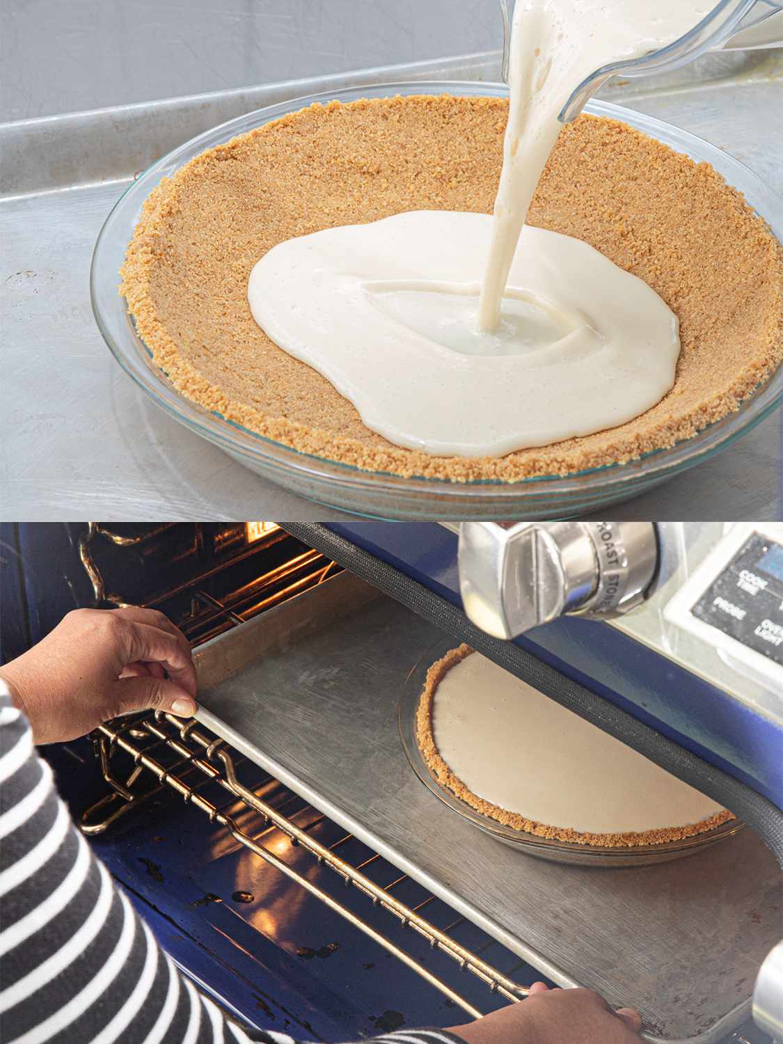 Two image collage. Top: Pie mixture being poured into the pie crust. Bottom: Pie transferred to oven