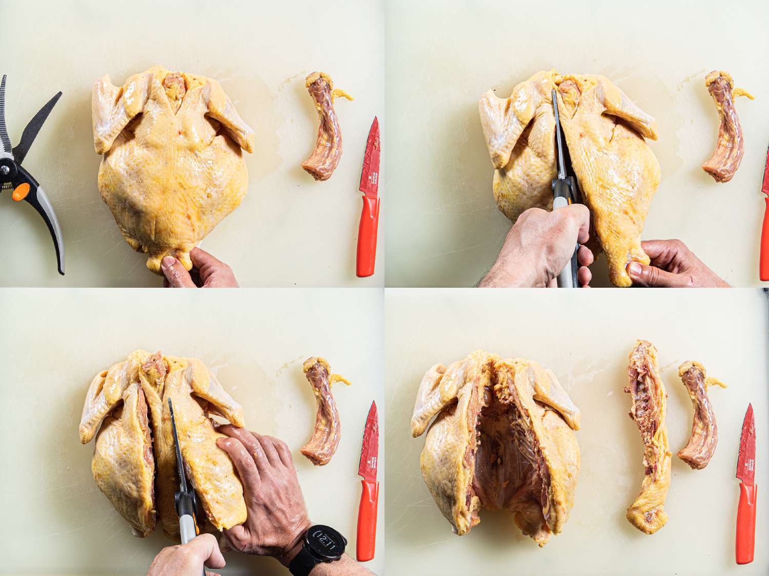 Step by Step overhead view of cutting the backbone out of a chicken